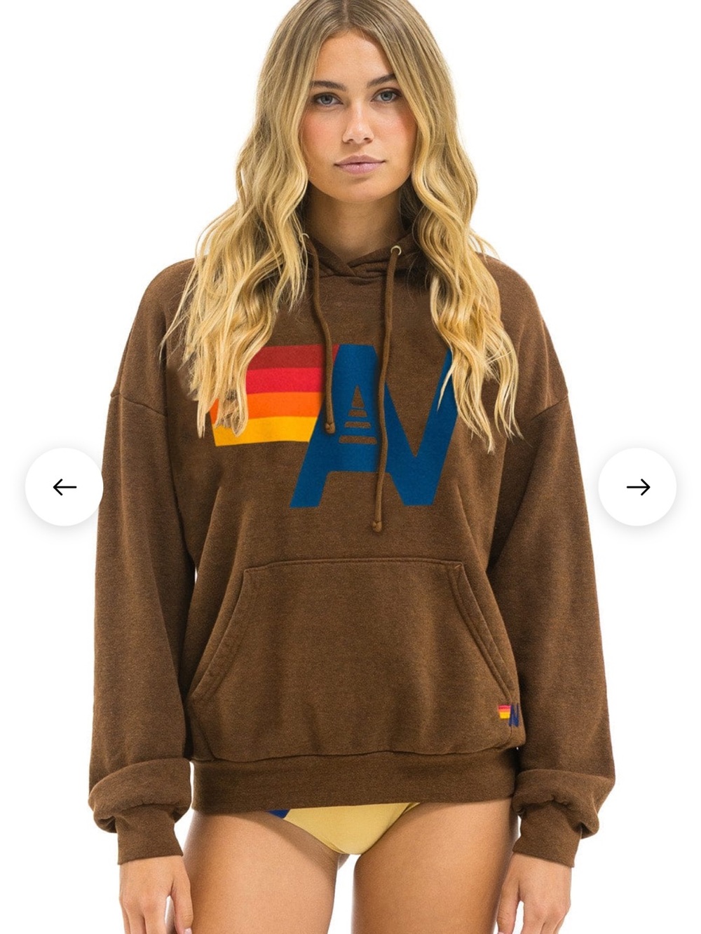 Aviator Nation Brown Hoodie with Rainbow Stripe and Blue Logo